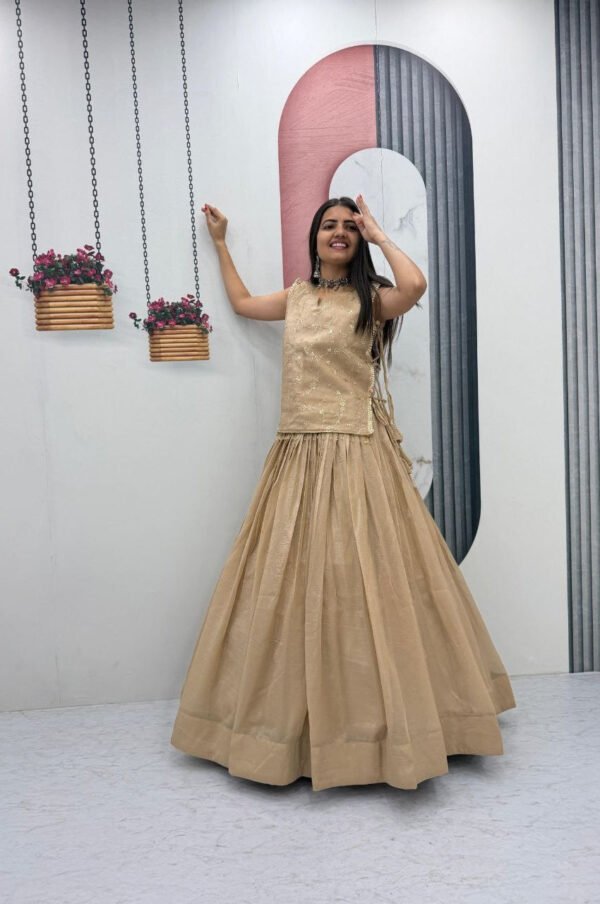 Pc-569_1.jpg Dark Tan Crunchy Silk Lehenga Set with 3.5 Meter Flair & Heavy Sequins Jacket