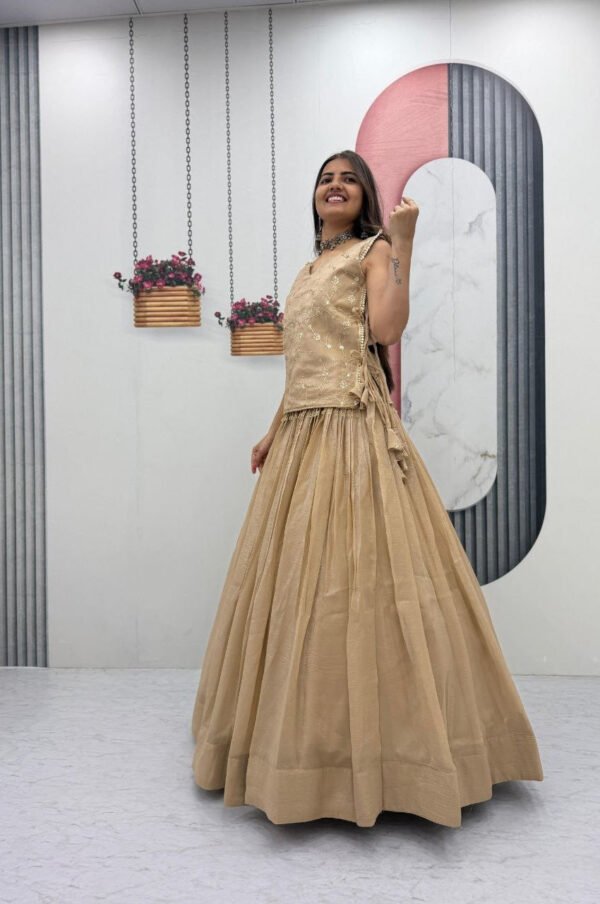 Pc-569_2.jpg Dark Tan Crunchy Silk Lehenga Set with 3.5 Meter Flair & Heavy Sequins Jacket