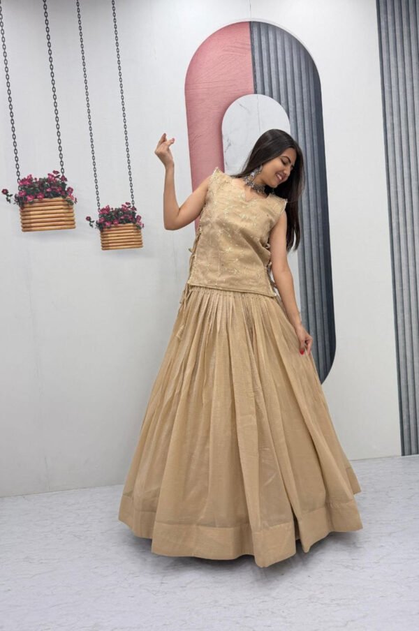 Pc-569_3.jpg Dark Tan Crunchy Silk Lehenga Set with 3.5 Meter Flair & Heavy Sequins Jacket