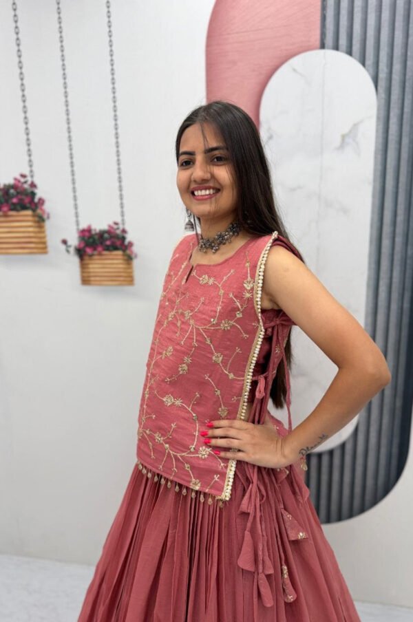 Dusky Red Crunchy Silk Lehenga Set with 3.5 Meter Flair & Heavy Sequins Jacket