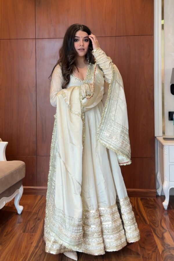 Neha Bhandari Elegant White Chinon Anarkali Suit Set