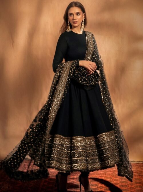 Aditi Rao-Inspired Black Rayon Embroidered Anarkali Suit Set