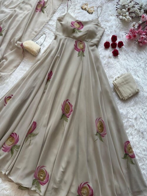 Dusty Brown Faux Georgette Handpainted Anarkali Suit