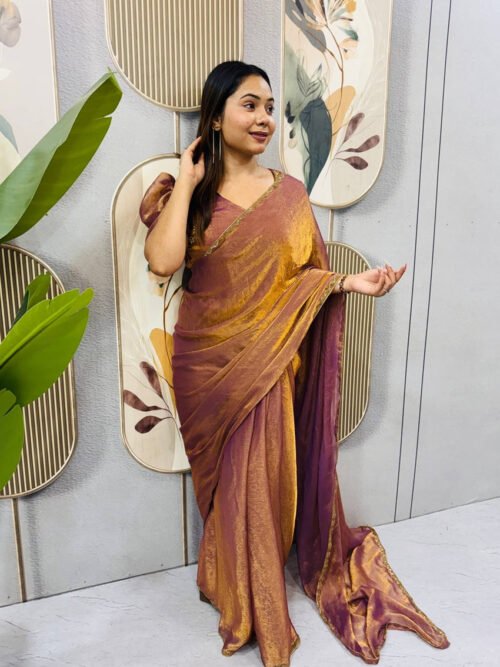 Copper Color Space Silk Gown Saree with Beads Lace & Dupatta