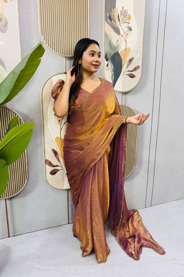 Copper Color Space Silk Gown Saree with Beads Lace & Dupatta