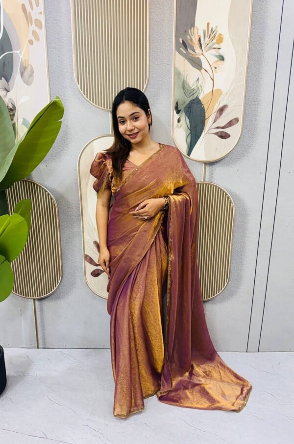 Copper Color Space Silk Gown Saree with Beads Lace & Dupatta