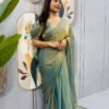 Dusty Olive Space Silk Gown Saree with Beads Lace & Dupatta