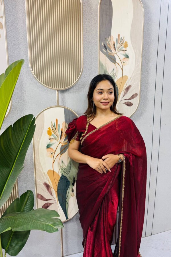 Arabian Red Space Silk Gown Saree with Beads Lace & Dupatta