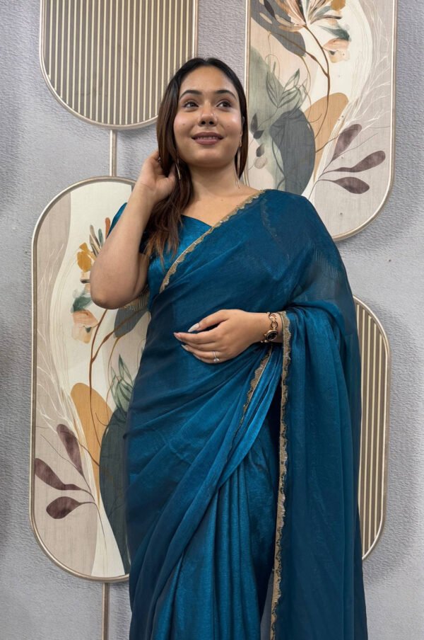 Regal Blue Space Silk Gown Saree with Beads Lace & Dupatta
