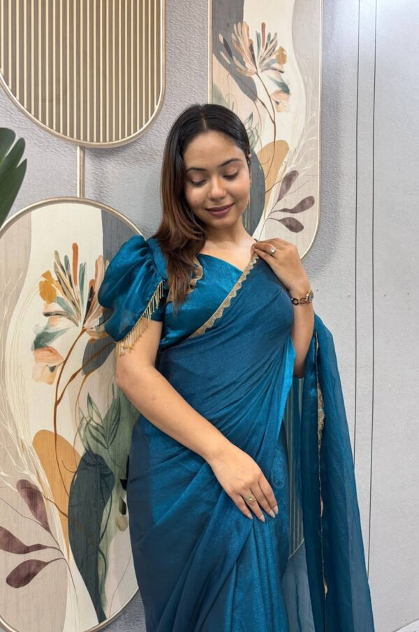 Regal Blue Space Silk Gown Saree with Beads Lace & Dupatta