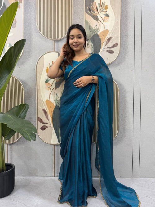 Regal Blue Space Silk Gown Saree with Beads Lace & Dupatta