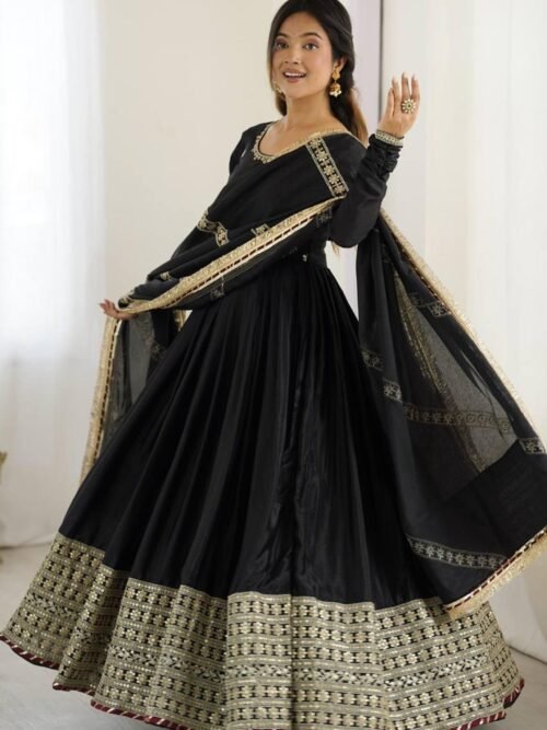 Black Bollywood Style Anarkali Suit with Chinon Silk & Sequin Work