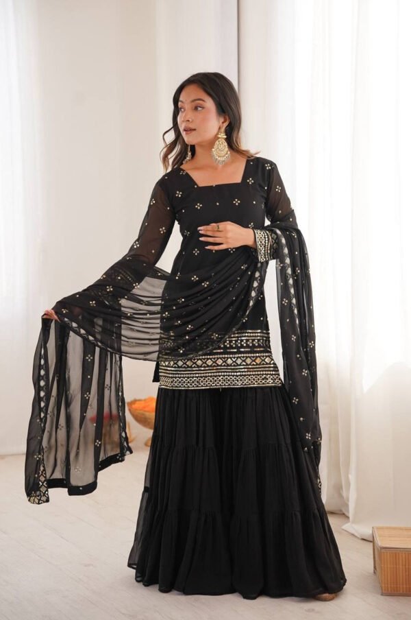 Black Sequin Work Ruffle Sharara Suit Set