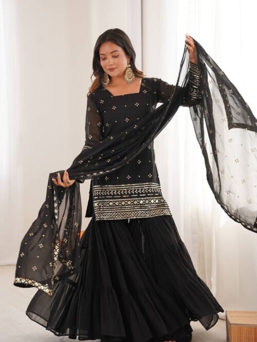 Black Sequin Work Ruffle Sharara Suit Set