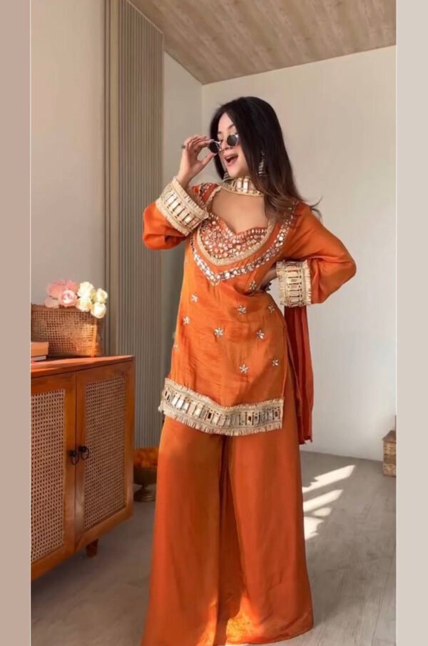 Rust Orange Mirror Work Palazzo Suit