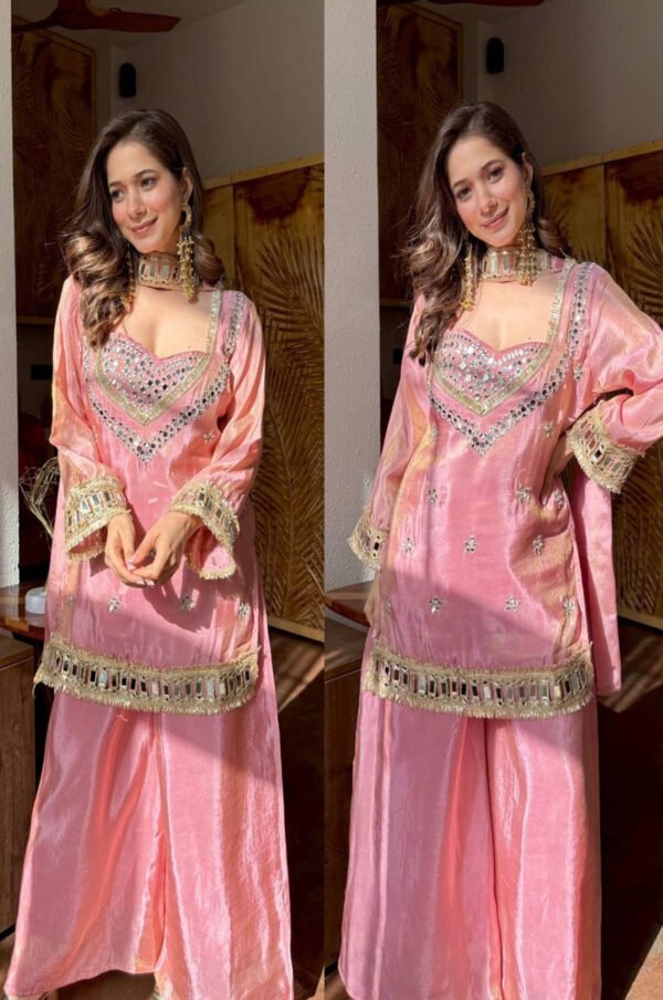 Pink Fendy Silk Sharara Suit with Real Mirror Work
