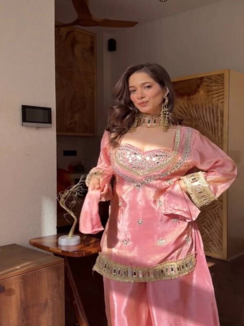 SRK-5326_5.jpg Pink Fendy Silk Sharara Suit with Real Mirror Work