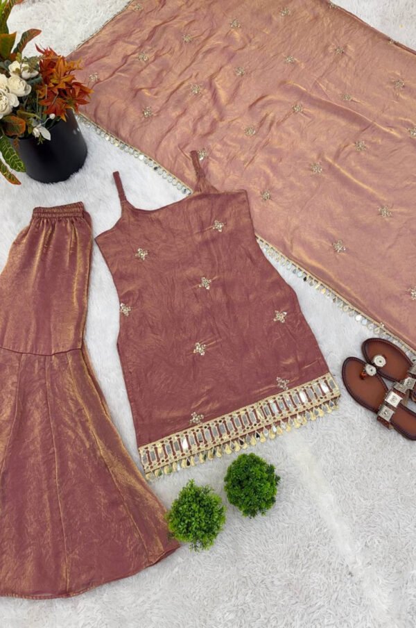SRK-5334_1.jpg Rust Brown Fendy Silk Sharara Suit with Real Mirror