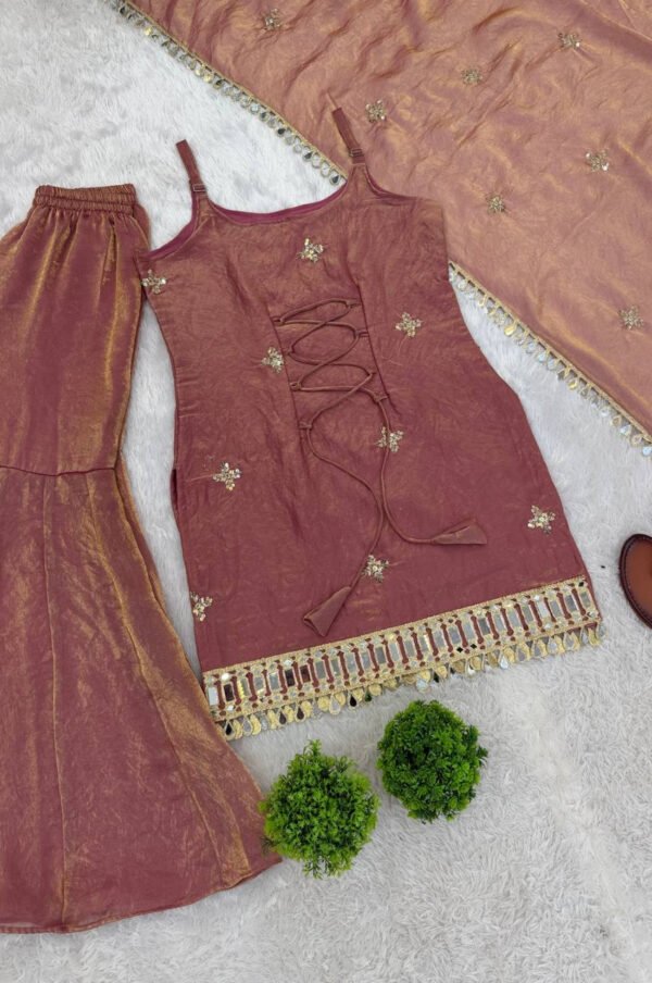 SRK-5334_2.jpg Rust Brown Fendy Silk Sharara Suit with Real Mirror