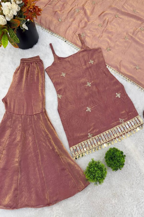 SRK-5334_4.jpg Rust Brown Fendy Silk Sharara Suit with Real Mirror