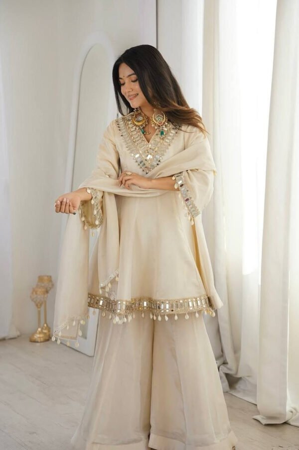 Ivory Tebby Organza Silk Sharara Suit with Real Mirror Lace Work