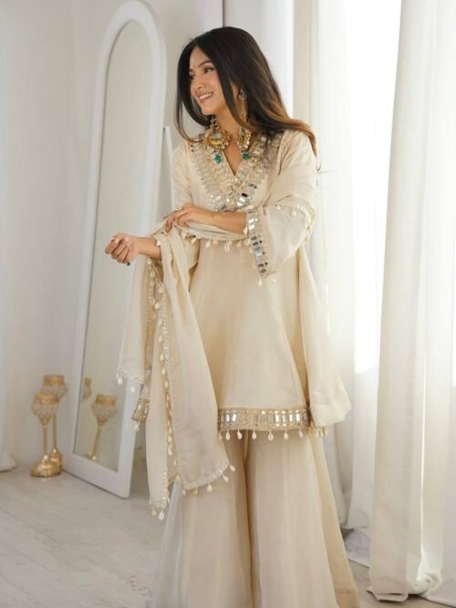 Ivory Tebby Organza Silk Sharara Suit with Real Mirror Lace Work