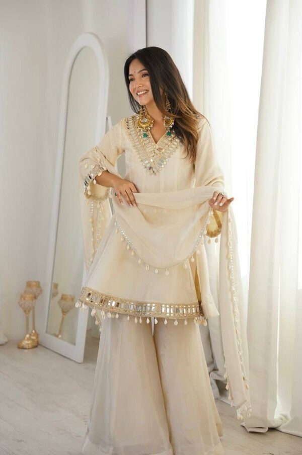 Ivory Tebby Organza Silk Sharara Suit with Real Mirror Lace Work