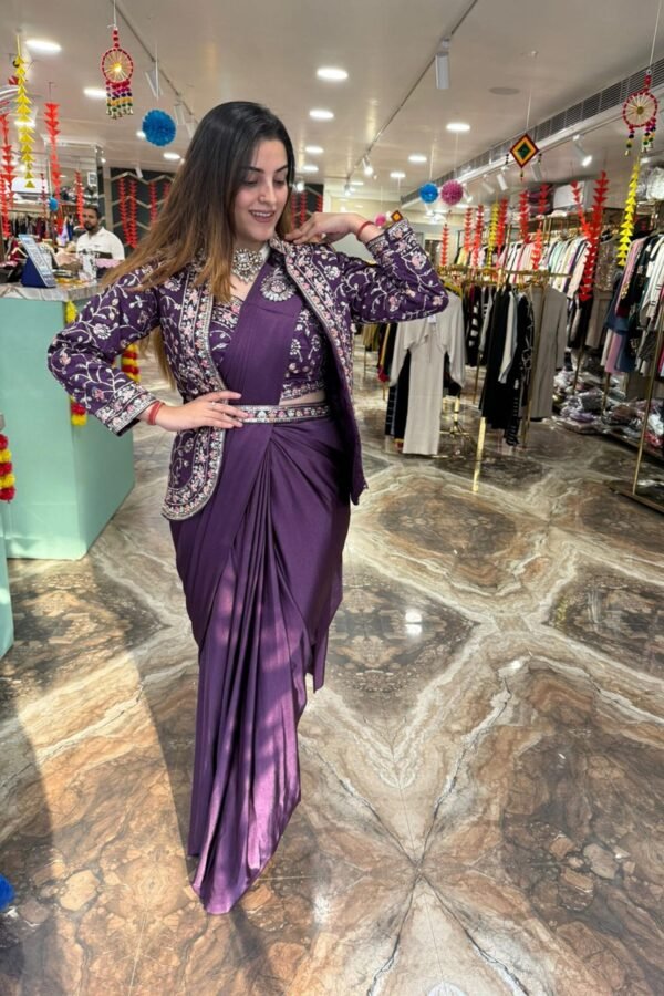 Wine Rangoli Silk Ready-to-Wear Saree with Embroidered Blouse, Koti