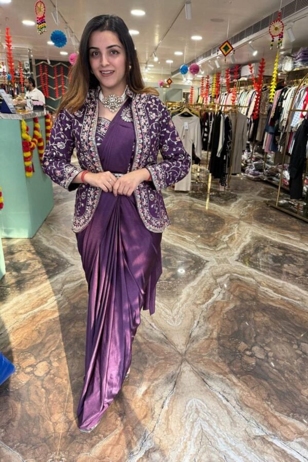 Wine Rangoli Silk Ready-to-Wear Saree with Embroidered Blouse, Koti