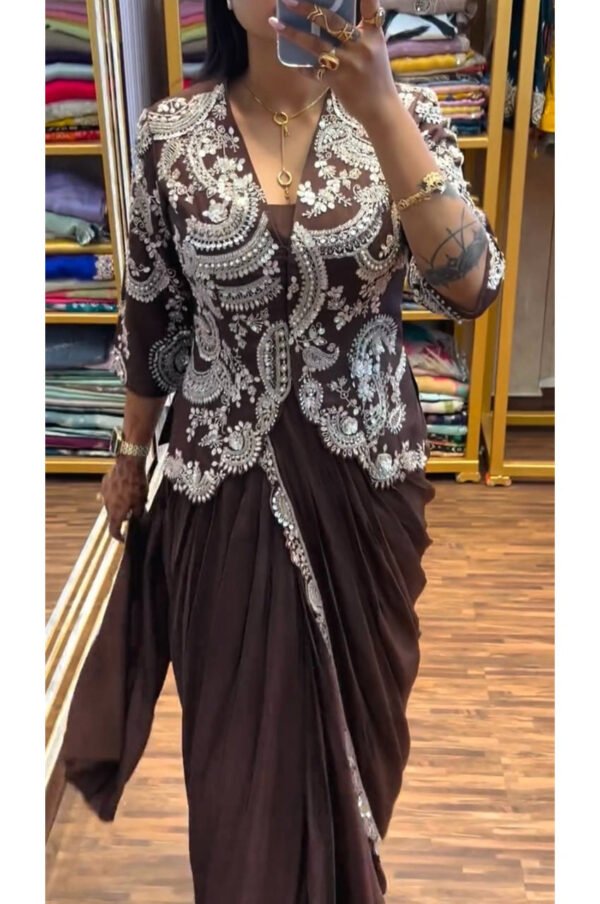 ST-1135_1.jpg Elegant Brown Indo-Western Drape Saree Set