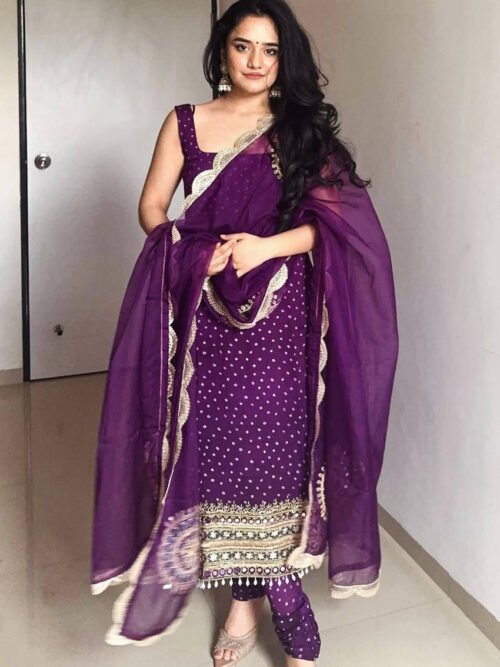 Purple Bandhej Mirror Work Kurti Set
