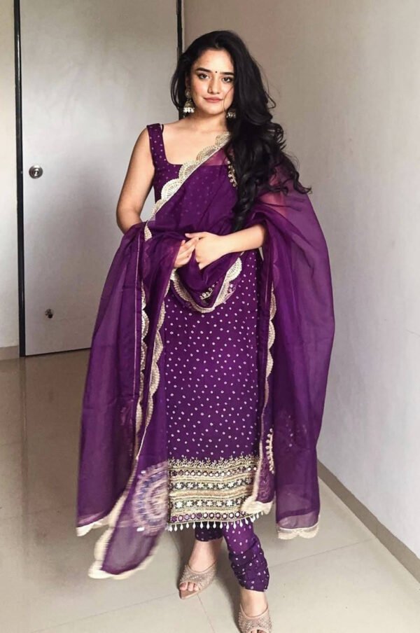 ST-1142P_1.jpg Purple Bandhej Mirror Work Kurti Set