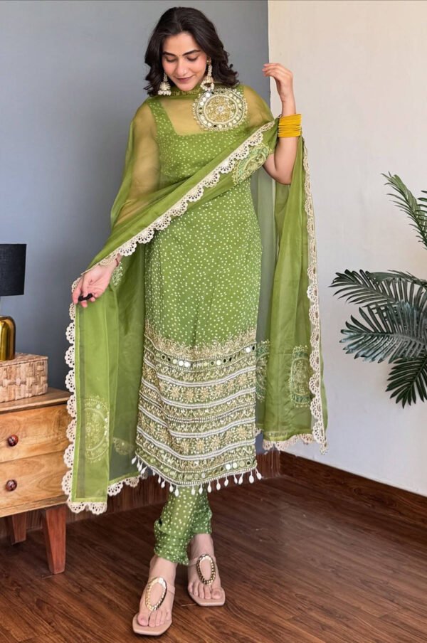 Moss Green Bandhej Mirror Work Kurti Set