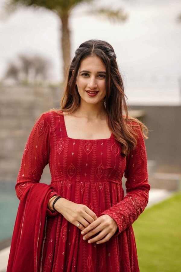 Maroon Anarkali Suit Set: Embroidered & Georgette Fabric