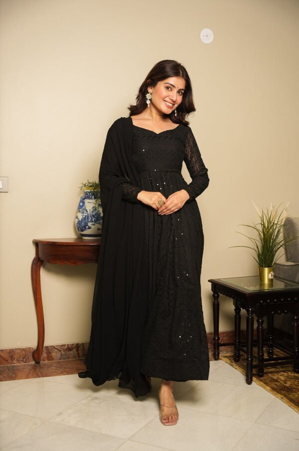 Black Georgette Lucknowi Work Anarkali Suit Set