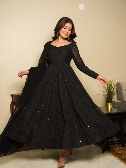 Black Georgette Lucknowi Work Anarkali Suit Set