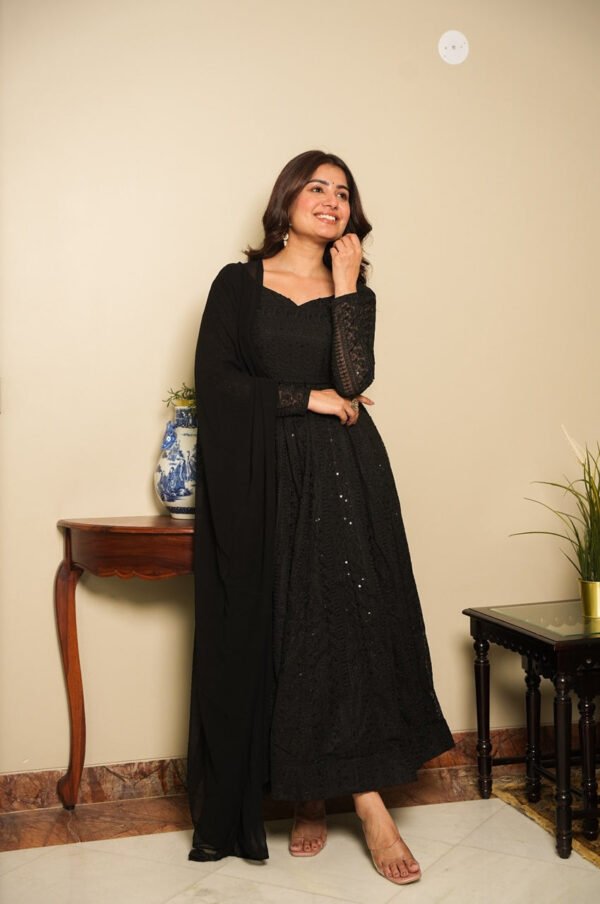 Black Georgette Lucknowi Work Anarkali Suit Set