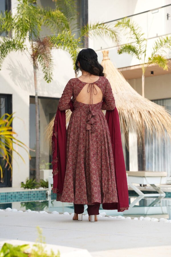 Traditional Ajrakh Print Maroon Cotton Anarkali Suit
