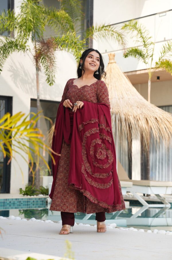 Traditional Ajrakh Print Maroon Cotton Anarkali Suit