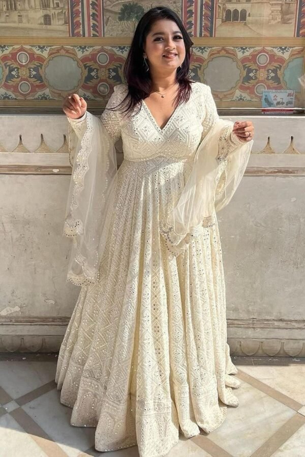 Luxurious White Georgette Anarkali Suit Set with Lakhnawi Work