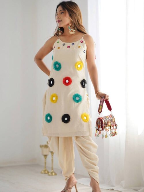 Khadi Cotton Base Dhoti Kurta Set with Mirror Khatli Work