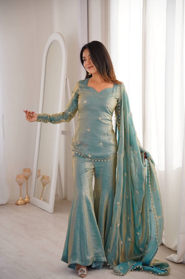 ZSR-3159_1.jpg Steel Green Fendy Silk Sharara Suit