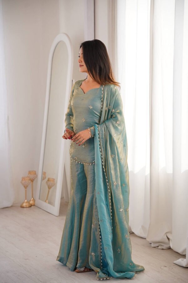 ZSR-3159_3.jpg Steel Green Fendy Silk Sharara Suit
