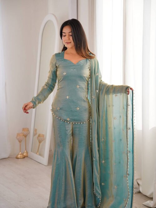 Steel Green Fendy Silk Sharara Suit