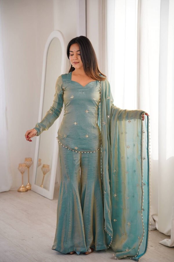 ZSR-3159_4.jpg Steel Green Fendy Silk Sharara Suit