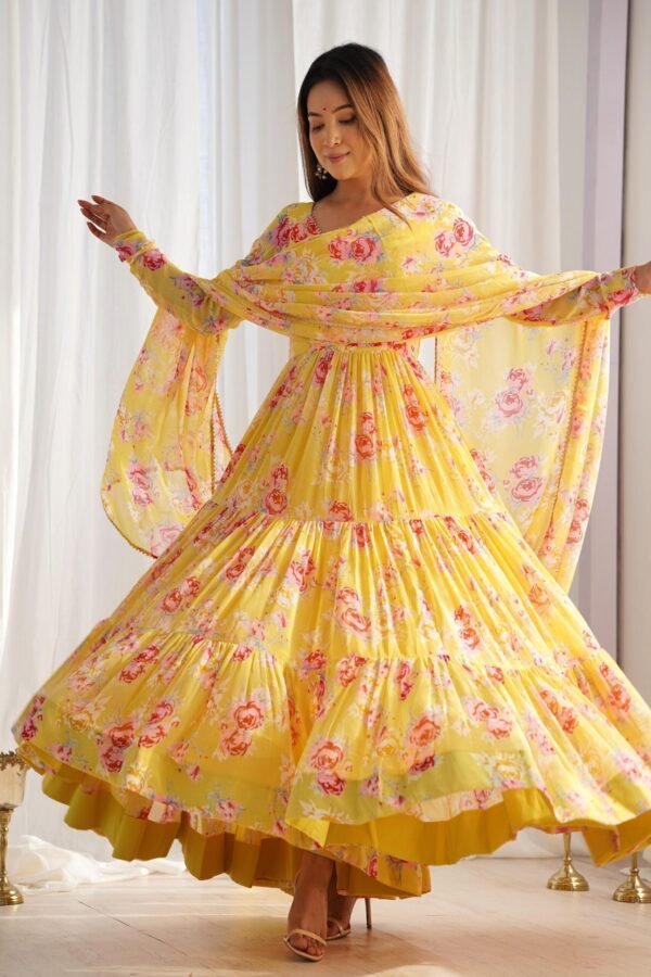 Yellow Floral Print Fox Georgette Anarkali Suit Set