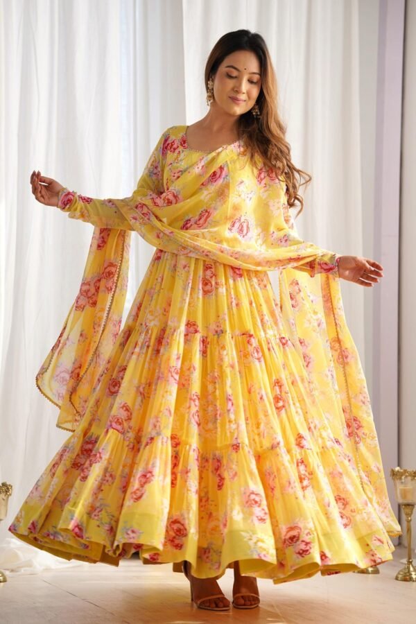 Yellow Floral Print Fox Georgette Anarkali Suit Set