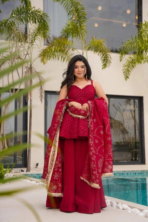 Cherry Red Tabby Organza Mukesh Work Palazzo Suit