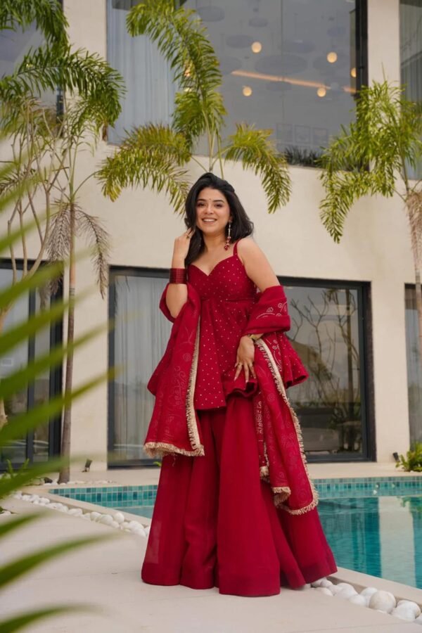 Cherry Red Tabby Organza Mukesh Work Palazzo Suit